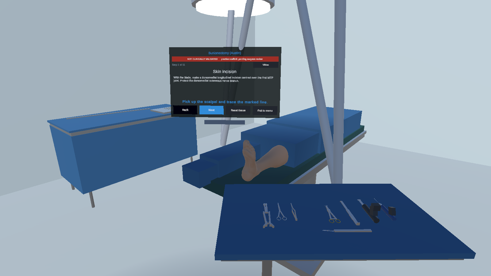 Inside cutOR: the virtual operating room with the guidance panel showing the first step of the Austin bunionectomy, the limb on the table, and the Mayo stand loaded with instruments